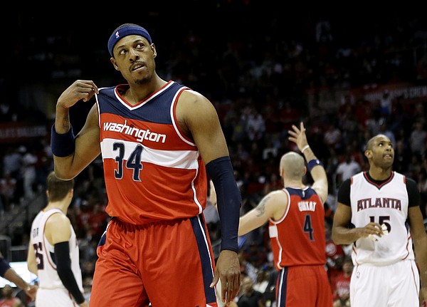 Washington Wizards' Paul Pierce, walks away after a confrontation with Atlanta Hawks' DeMarre Carroll, not pictured, in the third quarter of Game 5 of the second round of the NBA basketball playoffs Wednesday, May 13, 2015, in Atlanta. (AP Photo/John Bazemore)
