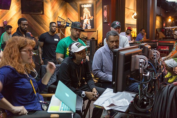 Spike Lee, center, and Kevin Willmott, right, on the set of "Chiraq."