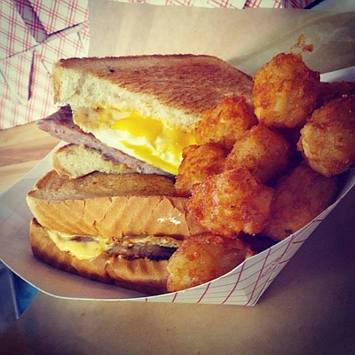The breakfast sandwich at Leeway Franks, 935 Iowa St. 