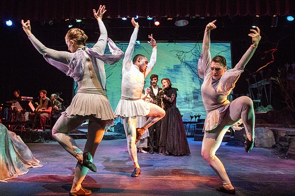 Dancers, from left, Eleanor Goudie Averill, William Roberson and Nina Rose Wardian run through a scene during a dress rehearsal for the upcoming production of "Midnight Visit to the Grave of Poe: A Grotesque Arabesque" on Tuesday, Oct. 20, 2015 at the Lawrence Arts Center, 940 New Hampshire Street.  