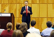 Jeffrey S. Vitter, selected by the state college board as the preferred candidate for Chancellor of the University of Mississippi, speaks with medical students at the University of Mississippi Medical Center, Wednesday, Oct. 28, 2015, in Jackson, Miss.