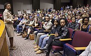 Kansas University Chancellor Bernadette Gray-Little listens to a question as she moderates a town hall forum on race at Woodruff Auditorium in the Kansas Union in November 2015.