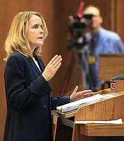 Janet Crepps, a senior attorney for the Center for Reproductive Rights makes oral arguments in front of the full, 14-member Kansas Court of Appeals in Topeka, Kan., Wednesday, Dec. 9, 2015. The lawsuit against a Kansas ban on a common second-trimester procedure has forced the state Court of Appeals to consider how much the state constitution protects abortion rights.