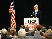 U.S. Sen. Jerry Moran speaks at the Kansans for Life prayer breakfast at the state Republican Party convention on Feb. 20, 2016. KFL issued early endorsements for Moran and all four U.S. House members from Kansas.
