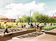 This contributed rendering imagines the final design of the East Ninth Street Project, which includes large rocks, a stormwater management system with native grasses, and integrated art installations that combine unique lighting and recorded sounds.