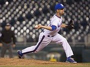 Kansas junior relief pitcher Stephens Villines delivers a pitch during the National College Baseball Hall of Fame Game against Nebraska Wednesday evening at Kauffman Stadium, in Kansas City, Mo. The Jayhawks fell to the Cornhuskers, 3-1.