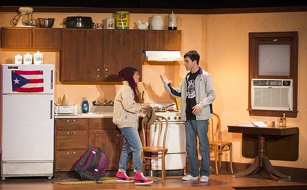 Alejandro Arroyo, right, played by Juan Gonzalez, and Amalia (Molly) Arroyo, played by Alejandra Villasante, argue in the kitchen of their Lower East Side apartment during a dress rehearsal for "Welcome to Arroyo's," Wednesday, April 27, 2016 in the William Inge Memorial Theater at Murphy Hall.