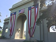 The Haskell Arch, dedicated in 1926, is adorned for its 90th anniversary and in advance of Haskell Indian Nations University graduation weekend, Thursday, May 5, 2016. The arch leads into Haskell Stadium.