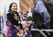 Amanda Blackhorse greets other guests during the Haskell Indian Nations University 2016 commencement ceremony Friday, May 6, 2016 on the HINU campus in Lawrence, Kan. Blackhorse, a former Haskell graduate gave the commencement address.