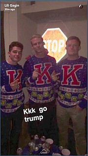 This screenshot shows a message sent out on the Snapchat account of a University of Kansas cheerleader. KU officials have suspended that cheerleader, a female student, as well as the three men in the photo, who are also cheerleaders. This screenshot has been brightened to show additional detail.