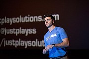 University of Kansas graduate Austin Barone gives a presentation about Just Play Sports Solutions, a business he co-founded while an undergraduate student at KU. He is pictured at a PIpeline Entrepreneurs event in January 2016.