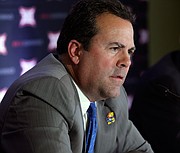 Kansas athletic director Sheahon Zenger speaks during a Big 12 conference meeting in Irving, Texas, Wednesday, June 1, 2016. (AP Photo/LM Otero)