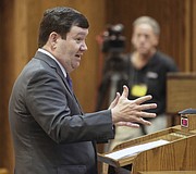 Stephen McAllister, representing the state of Kansas, gives oral arguments before the Kansas Supreme Court Thursday, March 16, 2017, in a legal fight over a state law banning a second-trimester abortion procedure and the larger question of whether the state constitution's Bill of Rights offered a fundamental right to an abortion. (Thad Allton/The Topeka Capital-Journal via AP, Pool)