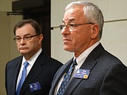 Kansas Policy Institute president Dave Trabert, left, and former Kansas House Speaker Mike O'Neal announce the formation of the Kansas Justice Institute, which may get involved in future school finance litigation.