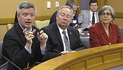 Former Kansas state Sen. Jeff King, R-Independence, left, discusses school funding issues during a special meeting of senators as Senate Majority Leader Jim Denning, R-Overland Park, center, and Senate President Susan Wagle, R-Wichita, right, look on, Monday, May 8, 2017, at the Statehouse in Topeka. (AP Photo/John Hanna)