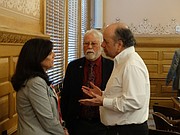 Rep. Melissa Rooker, R-Fairway, left, talks with Democratic Reps. Ed Trimmer of Winfield and Tom Sawyer of Wichita during a break Friday of the K-12 Education Budget Committee.