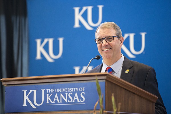 Dr. Doug Girod, executive vice chancellor of the KU Medical Center, speaks with media members after being named as the 18th chancellor of the University of Kansas on Thursday, May 25, 2017 at the Lied Center.