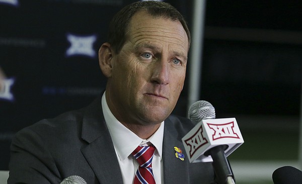 Kansas head football coach David Beaty listens to a reporter's question during the Big 12 NCAA college football media day in Frisco, Texas, Monday, July 17, 2017. (AP Photo/LM Otero)