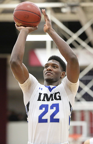 IMG Academy's Silvio De Sousa #22 shoots a free throw against Wasatch Academy during a high school basketball game at the 2017 Hoophall Classic on Sunday, January 15, 2017, in Springfield, MA. (AP Photo/Gregory Payan)
