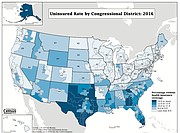 This illustration shows the 2nd Congressional District of eastern Kansas has a lower uninsured rate than the rest of the state. The heaviest concentrations of uninsured individuals is in the Deep South.