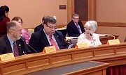 Rep. Tom Sloan, left, chairman of the Special Committee on Natural Resources, and Rep. Ken Rahjes, R-Agra, listen while Sen. Marci Francisco, D-Lawrence, argues that farm irrigators should have to pay into the state water plan fund, just as other kinds of water users do.