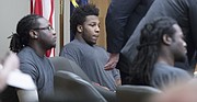 From left, Tyrone J. Carvin, Shawn K. Smith and Ramone Singleton appear during a joint preliminary hearing on Tuesday, Nov. 21, 2017, in Douglas County District Court. The three men are charged with murder and other crimes in connection with a Sept. 2, 2017 shooting at the North Lawrence Motel 6.
