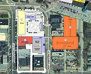 A map of the corner of Sixth and Massachusetts streets shows first-floor plans for redevelopment of the site of the former Journal-World production facility.