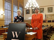 Wendy Doyle, left, president and CEO of the Women's Foundation based in Kansas City, Mo., and Senate President Susan Wagle, R-Wichita, announce a list of recommendations to address and prevent sexual harassment in the Kansas Statehouse, Friday, Dec. 29, 2017.