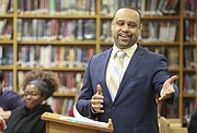 Jayson Strickland talks about his qualifications and philosophies on education during a meet and greet on Wednesday, Jan. 24, 2018 at Lawrence High School. Strickland is one of two final candidates for the Lawrence school district's superintendent position.