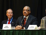 Former Republican state Sen. Jim Barnett, left, and Democrat Carl Brewer, a former mayor of Wichita, were among the 12 candidates for governor who took part in a candidate forum Friday sponsored by the Kansas Press Association. Noticeably absent from the forum, though, were most of the other major Republican candidates who signed campaign pledges not to take part in debates that are not sanctioned by the Kansas Republican Party.
