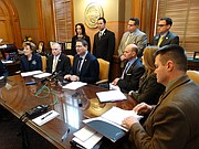 Kansas House Speaker Ron Ryckman, center, and other House Republicans unveil what they are calling a comprehensive plan to improve school safety in Kansas. The package calls for statewide standards to be developed by the Kansas State Board of Education, and it includes funding for building safety upgrades, but no new regulations on gun ownership or sales.