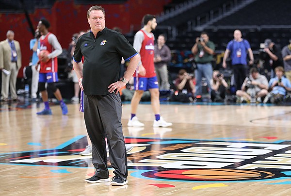 Kansas head coach Bill Self watches over the Jayhawks' practice on Friday, March 30, 2018 at the Alamodome in San Antonio, Texas.