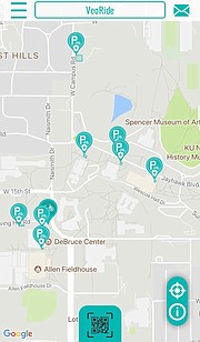This screenshot shows the VeoRide app's map of all locations on the University of Kansas campus where bike-share bikes will be safely stored or picked up for a ride.