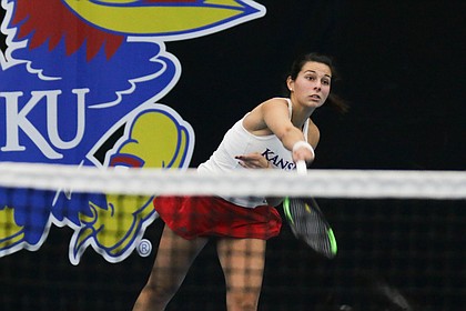 KU junior Maria Toran Ribes returns a ball in a match against Air Force Academy, at the Jayhawk Tennis Center, February 24, 2019.
