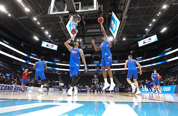 The Kansas big men work in the post on Wednesday, March 20, 2019 at Vivint Smart Home Arena in Salt Lake City, Utah. Teams practiced and gave interviews to media members before Thursday's opening round games.