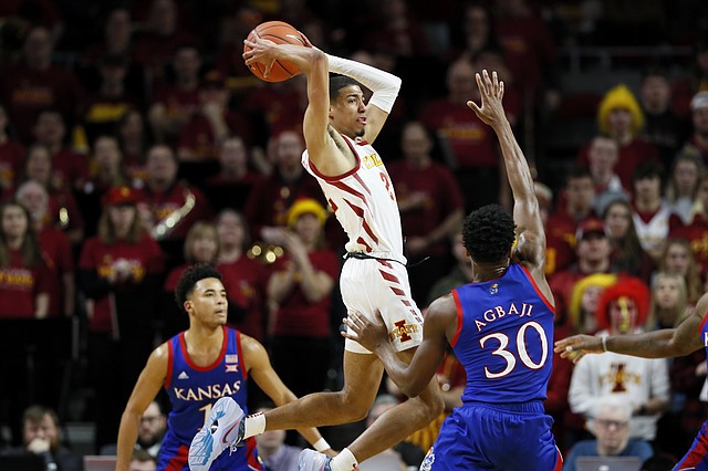 Iowa State's sophomore point guard, Tyrese Haliburton turned in an uneven, but slightly disappointing performance in his team's forgettable loss to Kansas.  (Photo: Charlie Neibergall/The Associated Press, via KUSports.com.)