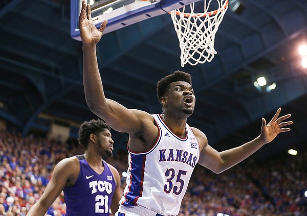 Kansas center Udoka Azubuike (35) reacts to a three second call against him during the second half, Wednesday, March 5, 2020 at Allen Fieldhouse.