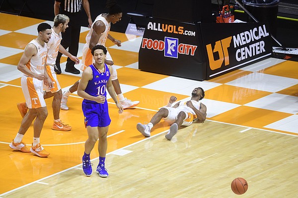 Tennessee guard Victor Bailey Jr (12) reacts after a play and call in Tennessee's favor during a basketball game between the Tennessee Volunteers and the Kansas Jayhawks at Thompson-Boling Arena in Knoxville, Tennessee on Saturday, January 30, 2021.