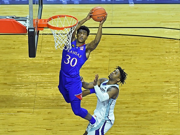 Kansas guard Ochai Agbaji goes up for a shot during a game against K-State Wednesday at Bramlage Coliseum in Manhattan, Kansas on February 17, 2021. Photo courtesy of Scott Weaver.