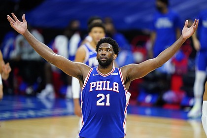 Philadelphia 76ers' Joel Embiid plays during an NBA basketball game against the Chicago Bulls, Friday, Feb. 19, 2021, in Philadelphia. (AP Photo/Matt Slocum)