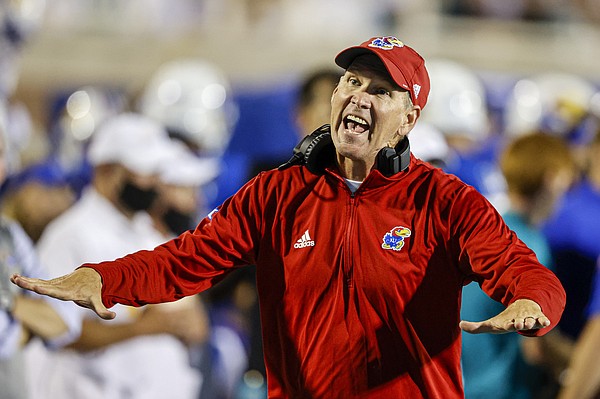 Kansas coach Lance Leipold yells at an official as the team plays against Coastal Carolina during the second half of an NCAA college football game in Conway, S.C., Friday, Sept. 10, 2021. Coastal Carolina won 49-22. (AP Photo/Nell Redmond)