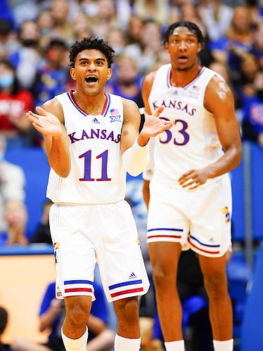 Kansas guard Remy Martin (11) celebrates a bucket during the second half on Wednesday, Nov. 3, 2021 at Allen Fieldhouse.