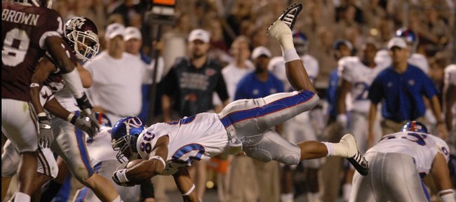 Kansas receiver Dezmon Briscoe stetches for extra yardage after a reception against Texas A&M during the second half Saturday, Oct. 27, 2007 at Kyle Field in College Station, Texas.