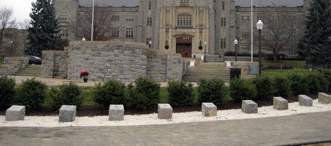 Thirty-two engraved Hokie Stones sit in front of Burruss Hall on the campus of Virginia Tech - one stone for each of the victims in Seung-Hui Cho's April 16th school shooting.