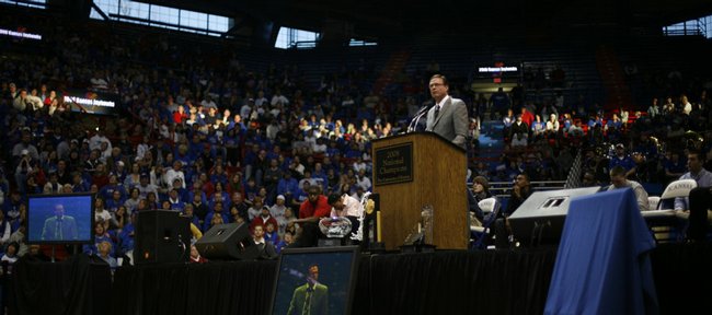 Bill Self addresses Jayhawk fans Sunday, April 13, 2008 during an awards ceremony for the 2008 national champion KU basketball team at Allen Fieldhouse.