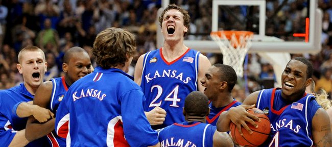 The Kansas Jayhawks go wild after their 2008 NCAA National Championship win over Memphis at the Alamodome in San Antonio.