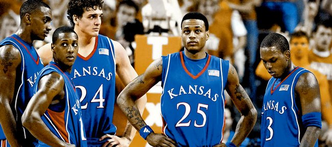 A group of Jayhawks, from left, Darrell Arthur, Mario Chalmers, Sasha Kaun, Brandon Rush and Russell Robinson, stand together in this file photo from Austin, Texas. The five, plus Darnell Jackson, will learn their fate in the NBA Draft tonight in New York.