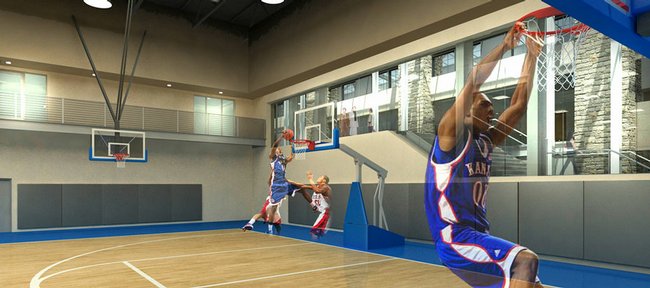 This artist's rendition of the new Kansas University basketball practice facility shows three of the seven planned baskets and the windows looking out on Allen Fieldhouse to the east. The windows will have the ability to be shaded to prevent spying on closed practices. Dunking Darrell Arthur (00) not included.