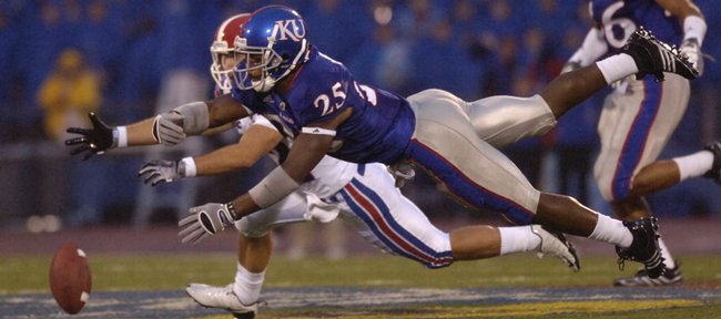 KU safety Darrell Stuckey (25) breaks up a pass Saturday, Sept. 6, 2008 during the Jayhawks home game against Louisiana Tech.