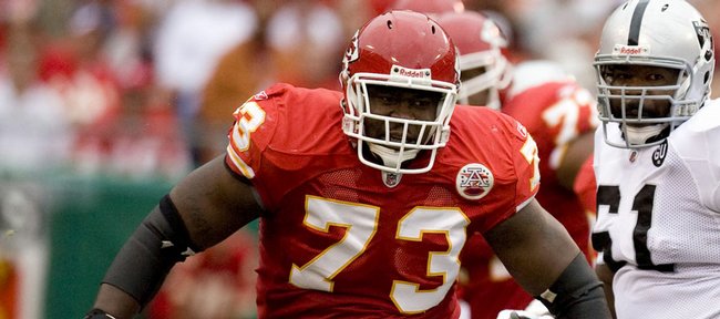 Adrian Jones, a former Kansas University tight end/offensive lineman, is now starting on the offensive line for the Kansas City Chiefs. Cut after hardly playing last year for the New York Jets, he signed with K.C. in the offseason and worked his way into the starting job at right guard.